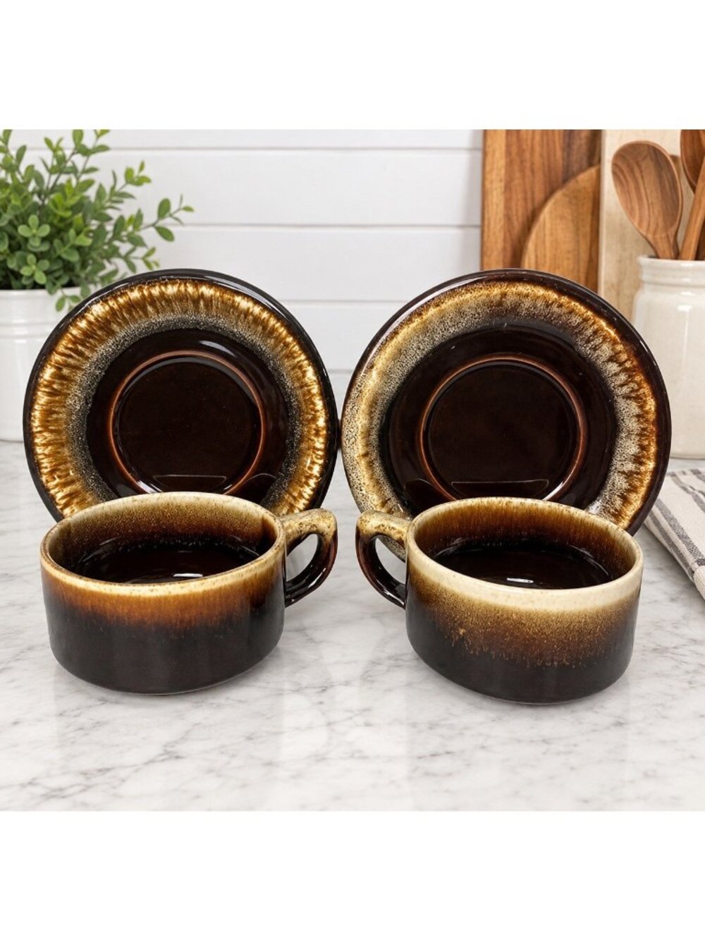 Vintage Pfaltzgraff Brown Drip Coffee Cups & Saucers Set of 2 MCM Stoneware